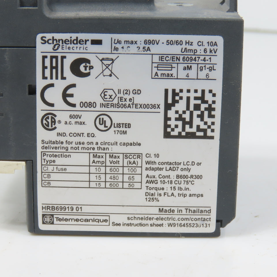 Schneider LR3D 07 Thermal Overload Relay 1.6-2.5A Range 600VAC Max