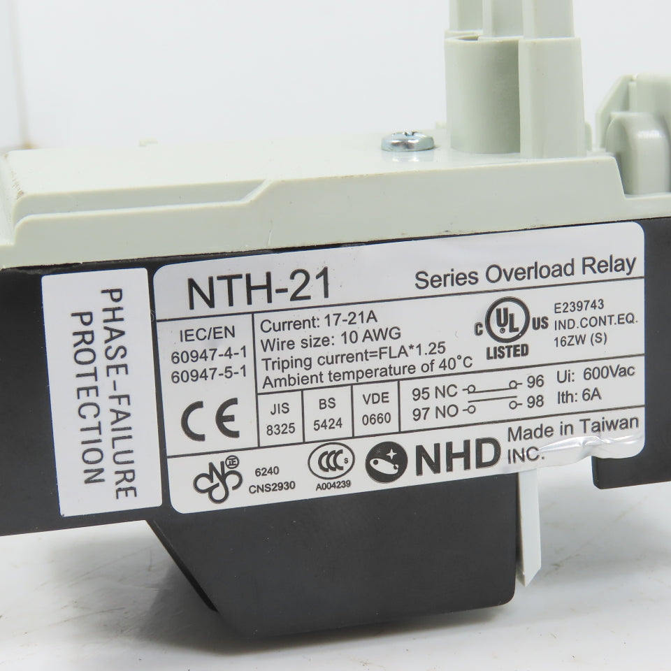 NHD NTH-21 Thermal Overload Relay 17-21A Range 600VAC Max