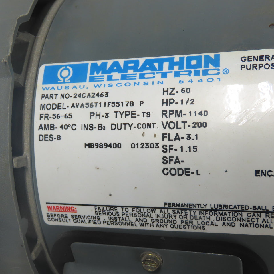 Marathon AVA56T11F5517B 1/2HP AC Electric Motor 3Ph 200V 1140RPM 3.1A