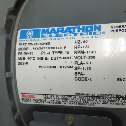 Marathon AVA56T11F5517B 1/2HP AC Electric Motor 3Ph 200V 1140RPM 3.1A