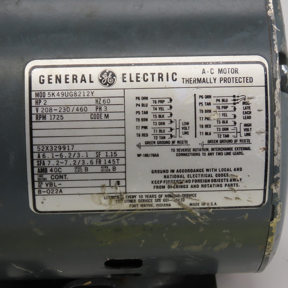 GE 5K49UG8212Y 2HP AC Electric Motor 208-230/460V 3PH 1725RPM 145T Frame Tested