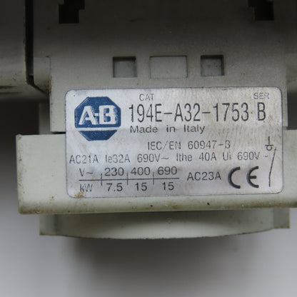 Allen Bradley 194E-A32-1753 600V 15kW Disconnect Switch In Electrical Enclosure