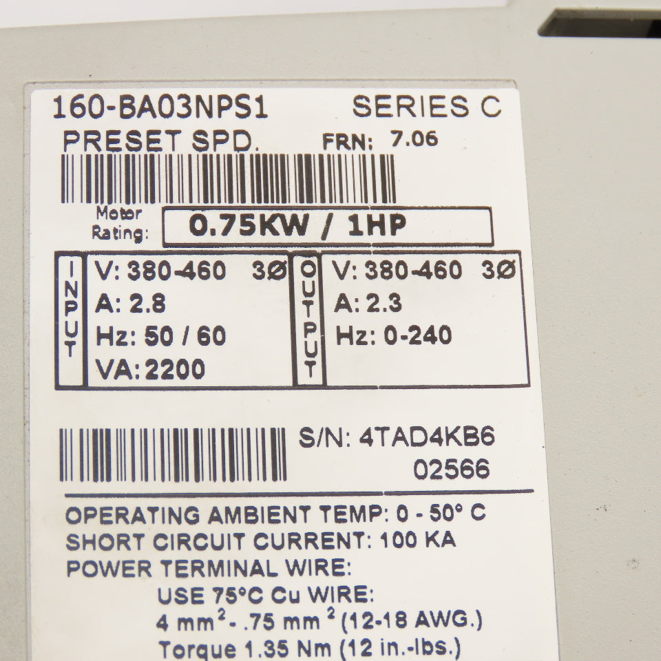 Allen Bradley 160-BA03NPS1 FRN: 7.06 1Hp 460V 3Ph Speed Controller