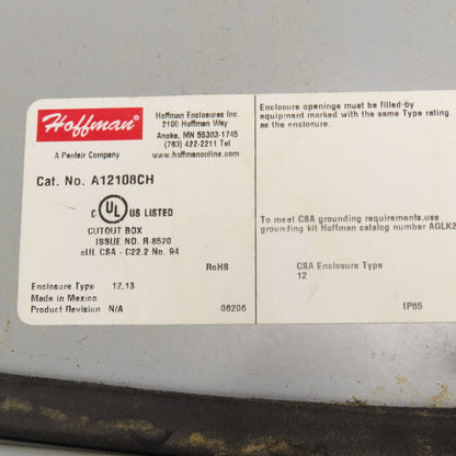 Hoffman A12108CH 12" x 10" x 8" Electrical Enclosure Type 12,13