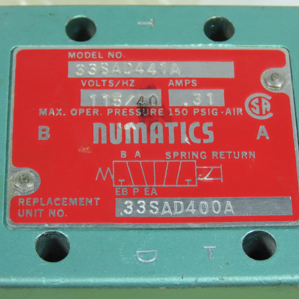 Numatics 33SAD441A 33SAD400A Pneumatic Solenoid Control Valve 115V 150PSIG New