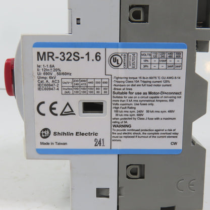Shihlin MR-32S-1.6 Motor Protection Circuit Breaker 1-1.6A 3/4HP 600V W/ Aux