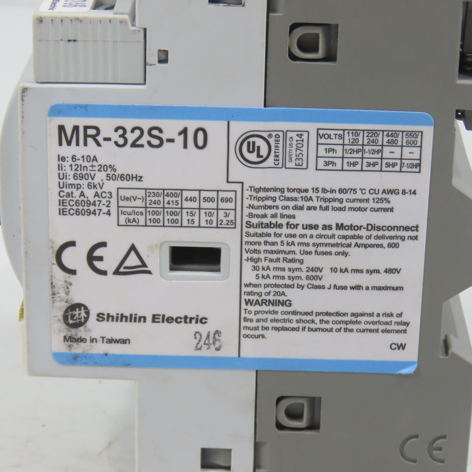 Shihlin MR-32S-10 Motor Protection Circuit Breaker 6-10A 7-1/2HP 600V