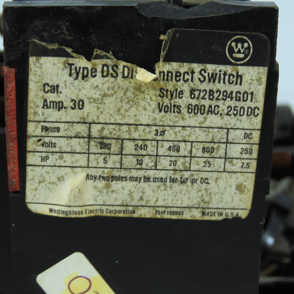Westinghouse 672B294G01 Type DS 30A 3-Pole Disconnect Switch 600VAC 7.5HP