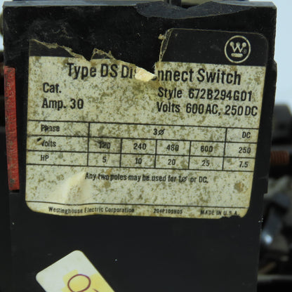Westinghouse 672B294G01 Type DS 30A 3-Pole Disconnect Switch 600VAC 7.5HP