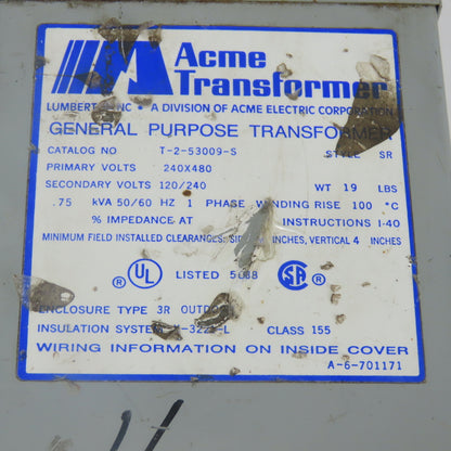 Acme T-2-53009-S .75kVA Transformer 240x480V Pri 120/240V Sec 1Ph
