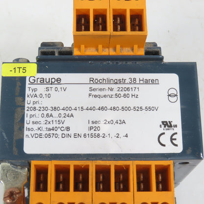 Graupe ST 0, 1V .10kVA Control Transformer Pri 208-230-400-480-550V Sec 115V