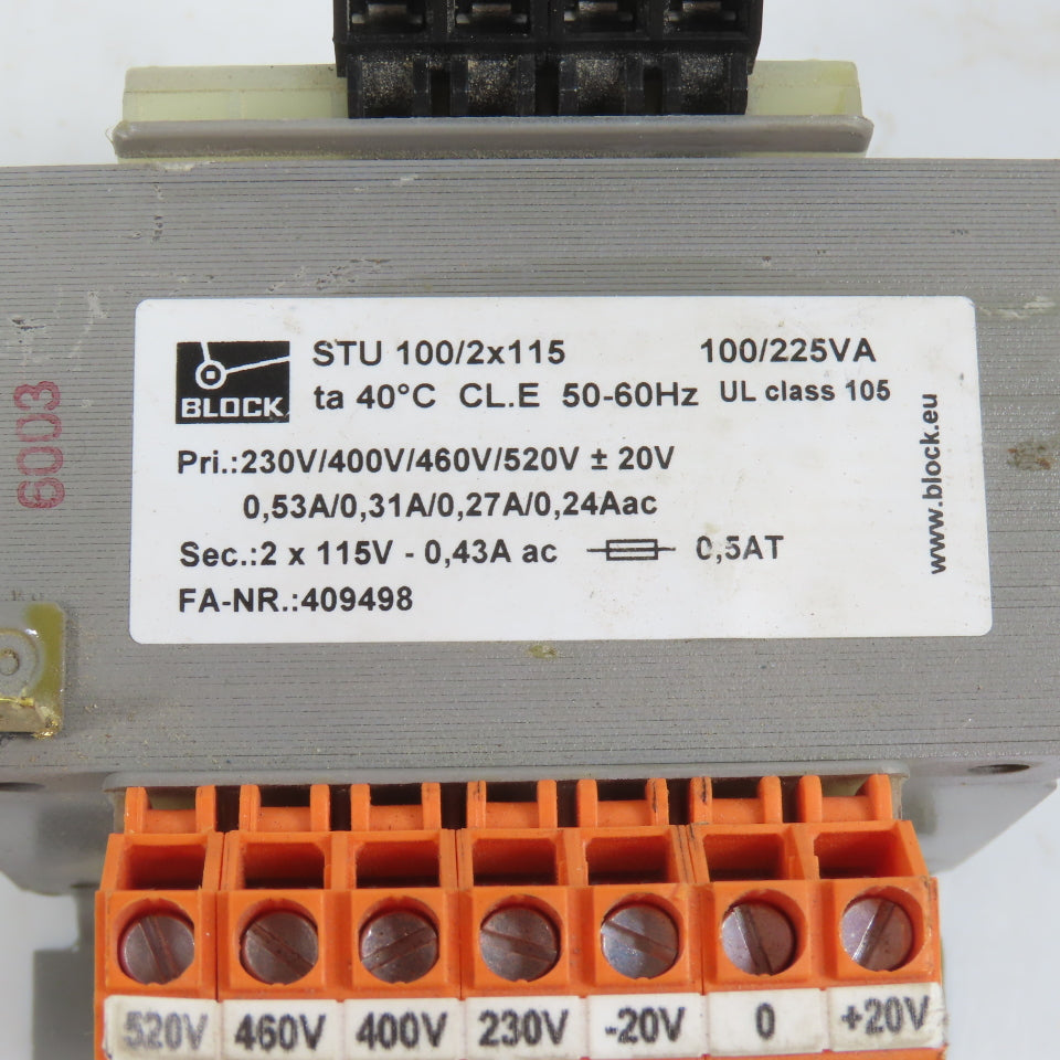 Block STU 100/2x115 100/225VA Control Transformer Pri 230-460/520V Sec 115V