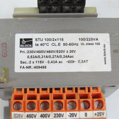 Block STU 100/2x115 100/225VA Control Transformer Pri 230-460/520V Sec 115V