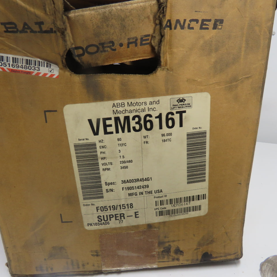 Baldor VEM3616T 7.5HP AC Electric Motor 3Ph 230/460V 3450RPM 184TC Frame NEW
