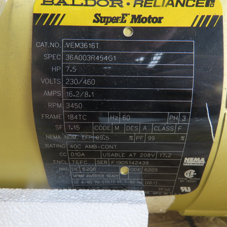 Baldor VEM3616T 7.5HP AC Electric Motor 3Ph 230/460V 3450RPM 184TC Frame NEW