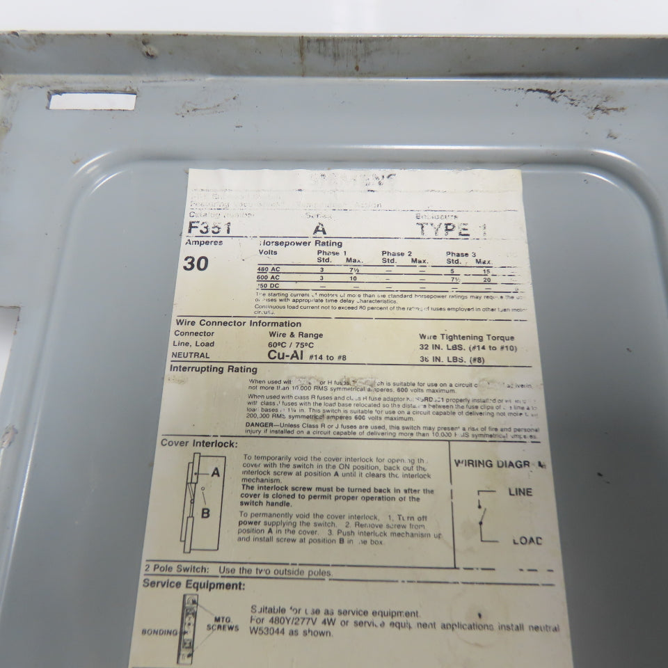 Siemens F351 Ser A 30A 600V 3P Fusible Safety Disconnect Switch 15Hp