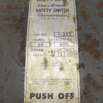 ITE F-352 60A Vacu-Break Safety Disconnect Switch 600VAC 3Ph