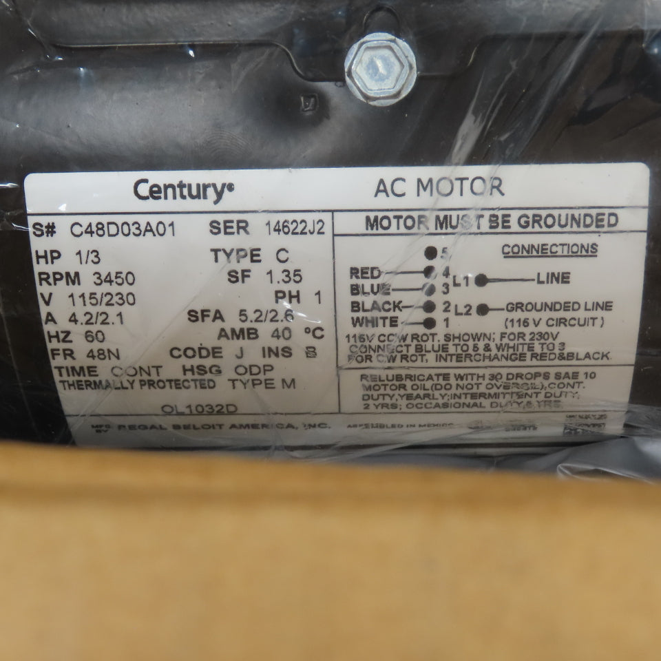 Century OL1032D 1/3HP AC Electric Motor 115/230V 1PH 3450RPM 48N Frame NEW