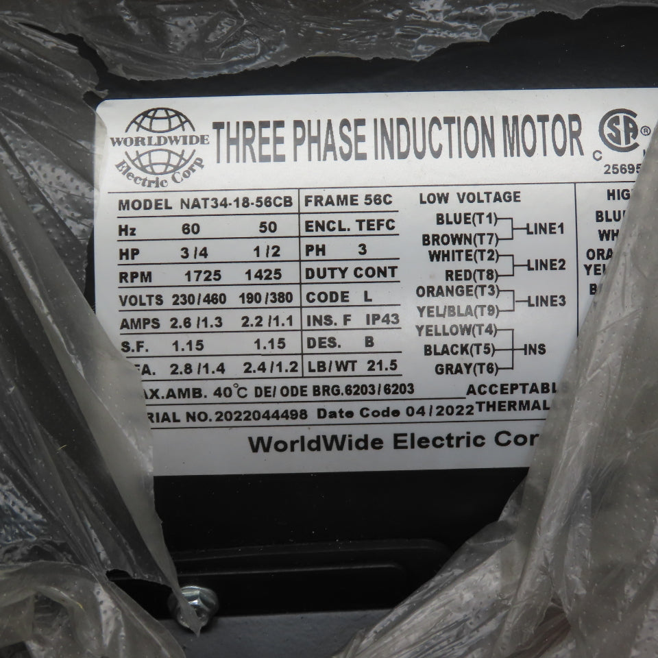 Worldwide NAT34-18-56CB 3/4HP Electric Motor 230/460V 3PH 1725RPM 56C Frame NEW