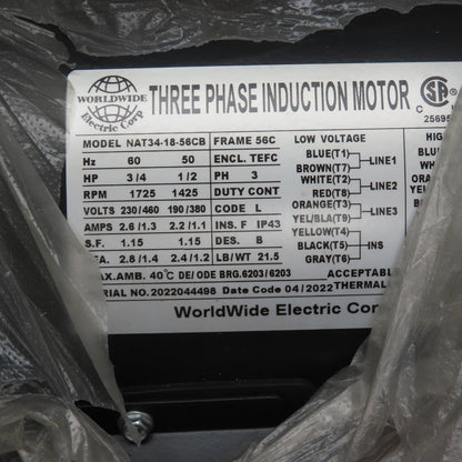 Worldwide NAT34-18-56CB 3/4HP Electric Motor 230/460V 3PH 1725RPM 56C Frame NEW