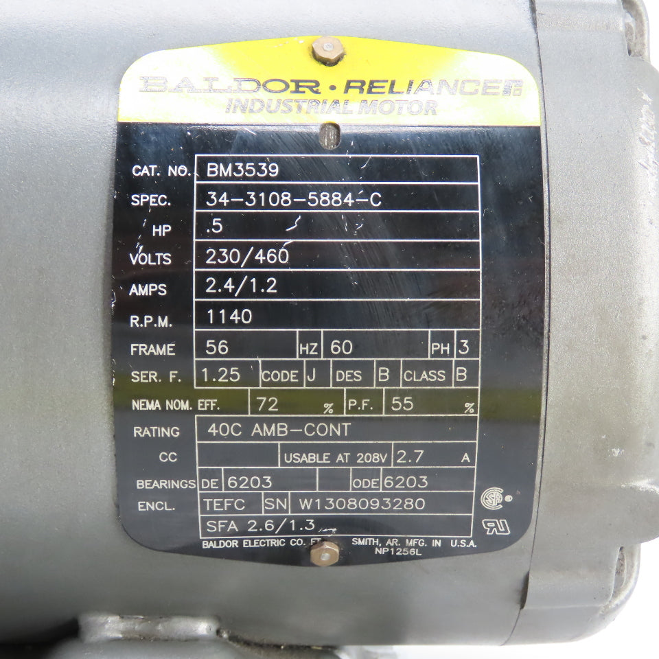 Baldor BM3539 .5HP Electric Motor 230/460V 3PH 1140RPM 56 Fr. W/ 115/230V Brake