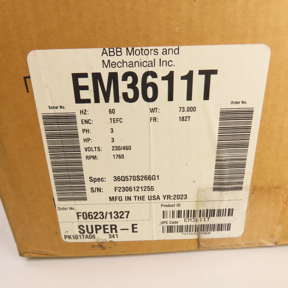 Baldor EM3611T 3HP AC Electric Motor 208-230/460V 3PH 1760RPM 182T Fr. NEW