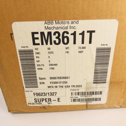 Baldor EM3611T 3HP AC Electric Motor 208-230/460V 3PH 1760RPM 182T Fr. NEW