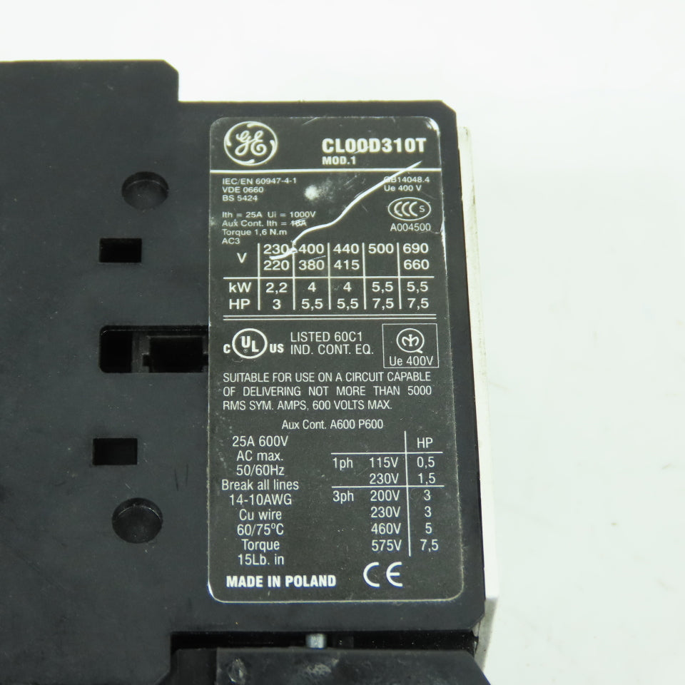 GE CL00D310T 10E Contactor Relay 7.5HP 24VDC Coil W/ RT1G Overload 1.0-1.5A