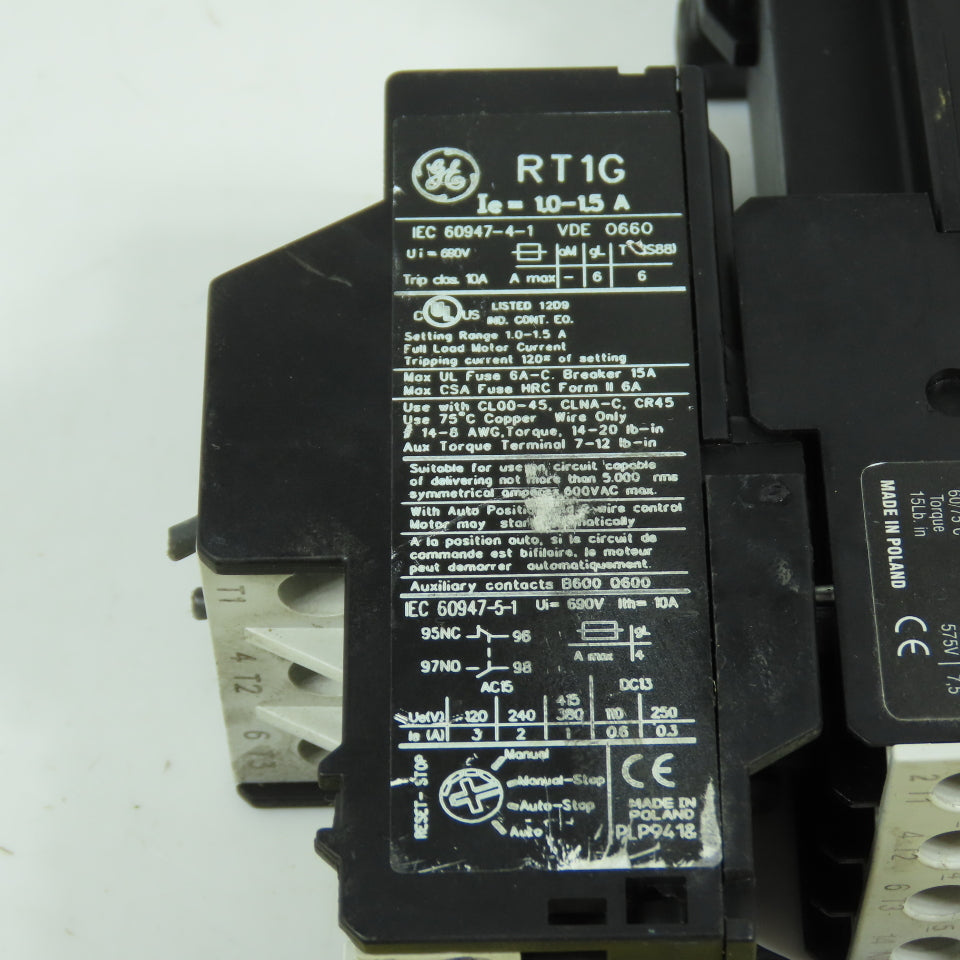GE CL00D310T 10E Contactor Relay 7.5HP 24VDC Coil W/ RT1G Overload 1.0-1.5A