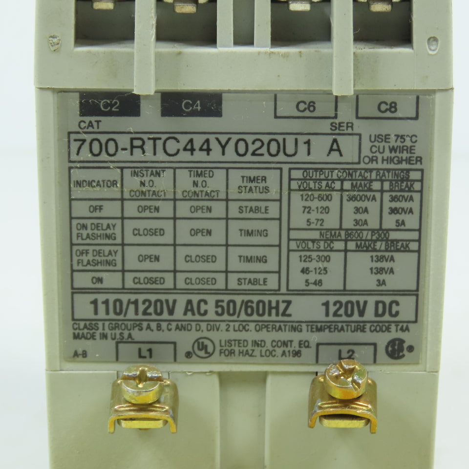 Allen Bradley 700-RTC44Y020U1 SerA Fixed Time Delay Solid State Timer 2-Min 120V