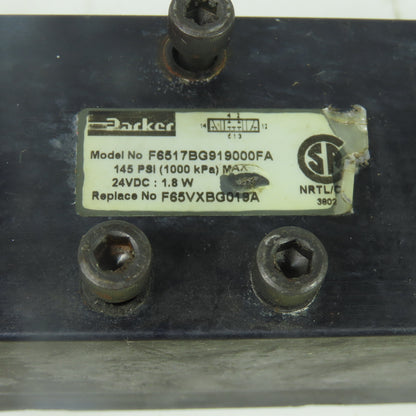 Parker F6517BG919000FA Pneumatic Solenoid Valve 145PSI 24VDC Rep No. F65VXBG019A