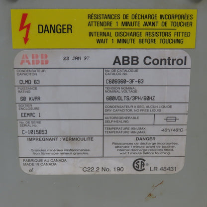 ABB C606G60-3F-63 CLMD 63 Capacitor 60 KVAR 600V 3PH 60HZ