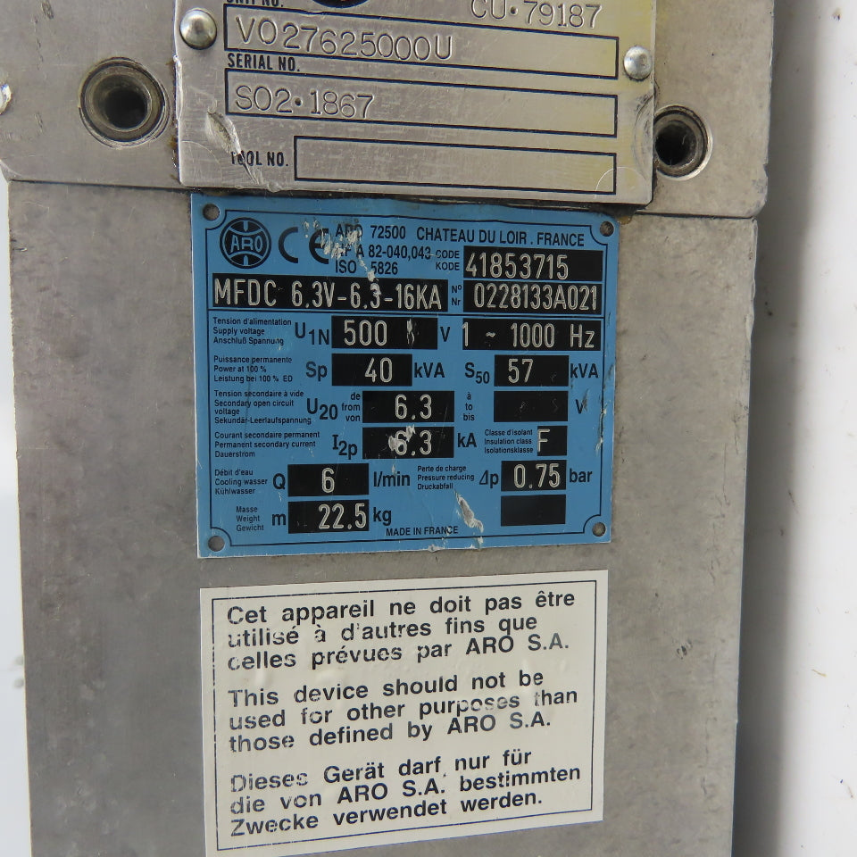 Savair VO27625000U Welding Transformer 6LPM 1Ph 500V W/ Aro MFDC 6.3V-6.3-16KVA