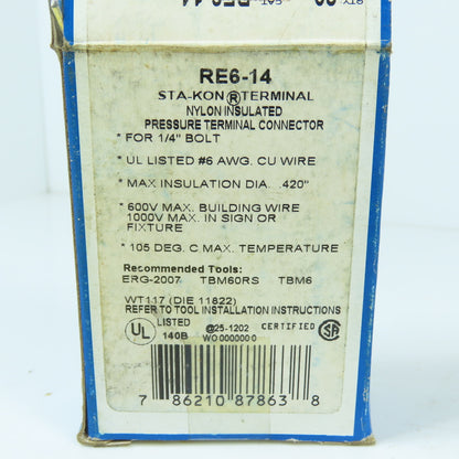 Thomas & Betts RE6-14 Sta-Kon Ring Tongue Terminals 6AWH M6 1/4" Box Of 20