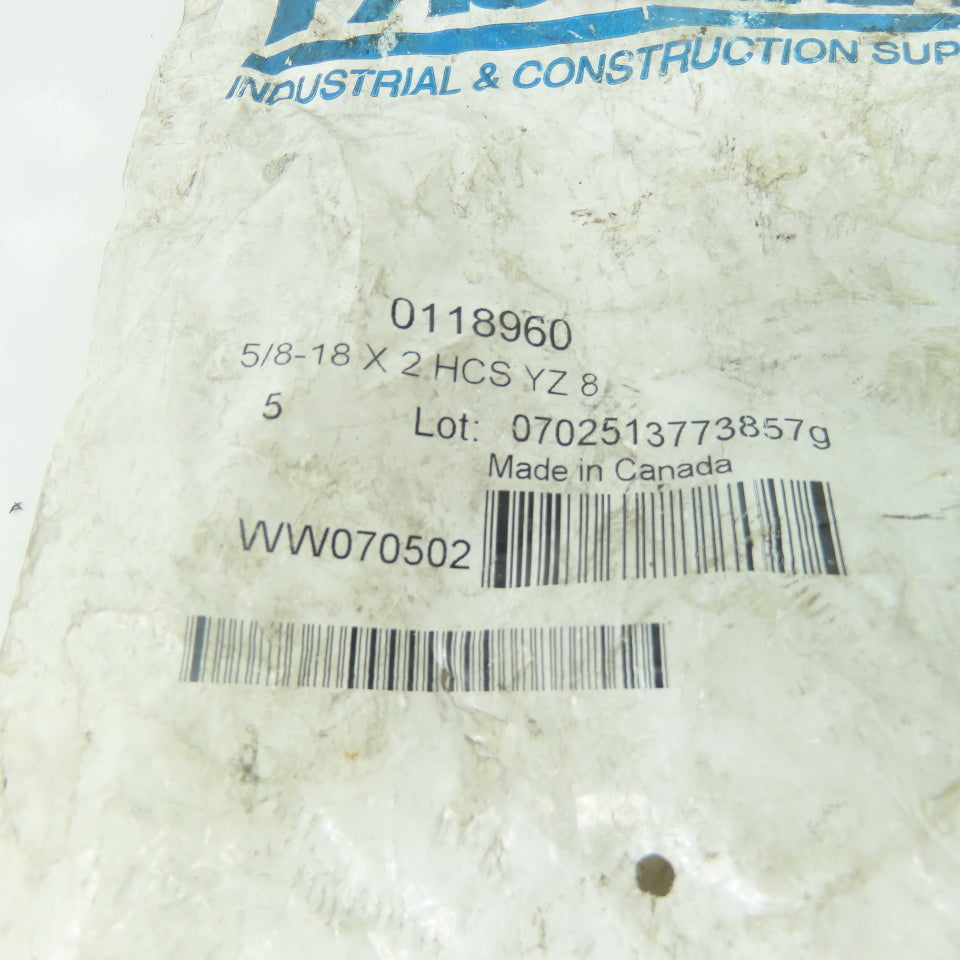 Fastenal 0118960 5/8-18 x 2 Hex Cap Screw Lot Of 5
