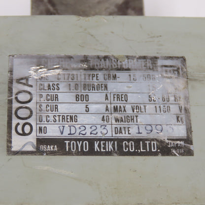 Toyo Keiki CBM-15/50B 600V 600A 1150V MAX Current Transformer
