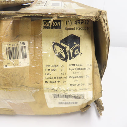 Dayton 4RP42 60:1 Ratio Speed Reducer 29RPM Output 1021IN-LB Torque .75HP NEW