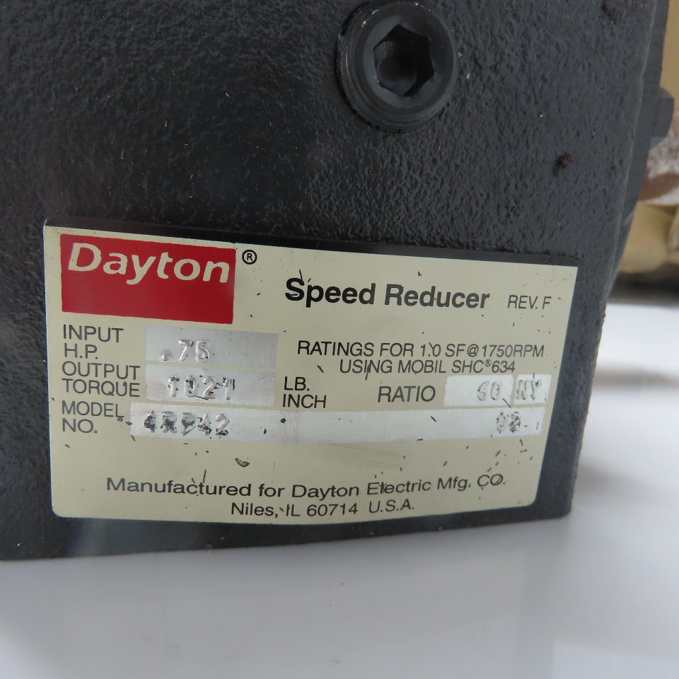 Dayton 4RP42 60:1 Ratio Speed Reducer 29RPM Output 1021IN-LB Torque .75HP NEW