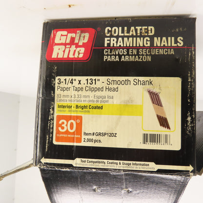 Grip Rite GRSP12DZ 3-1/4" x.131" Collated Framing Nails 30° Clipped Head 3/4 Box