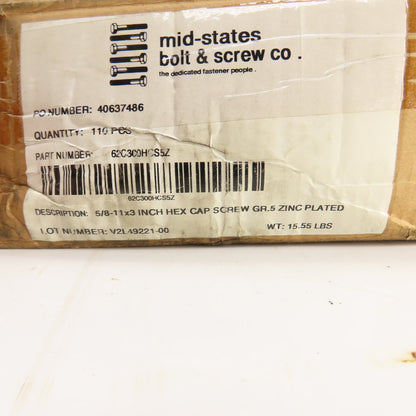 Mid-States 5/8"-11 x 3" Hex Cap Grade 5 Zinc Plated Bolts Lot Of 75