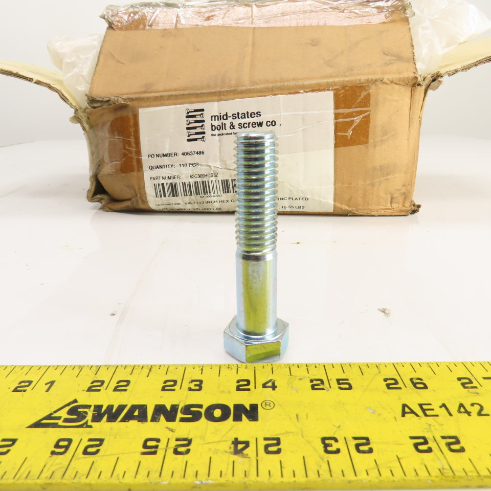 Mid-States 5/8"-11 x 3" Hex Cap Grade 5 Zinc Plated Bolts Lot Of 75