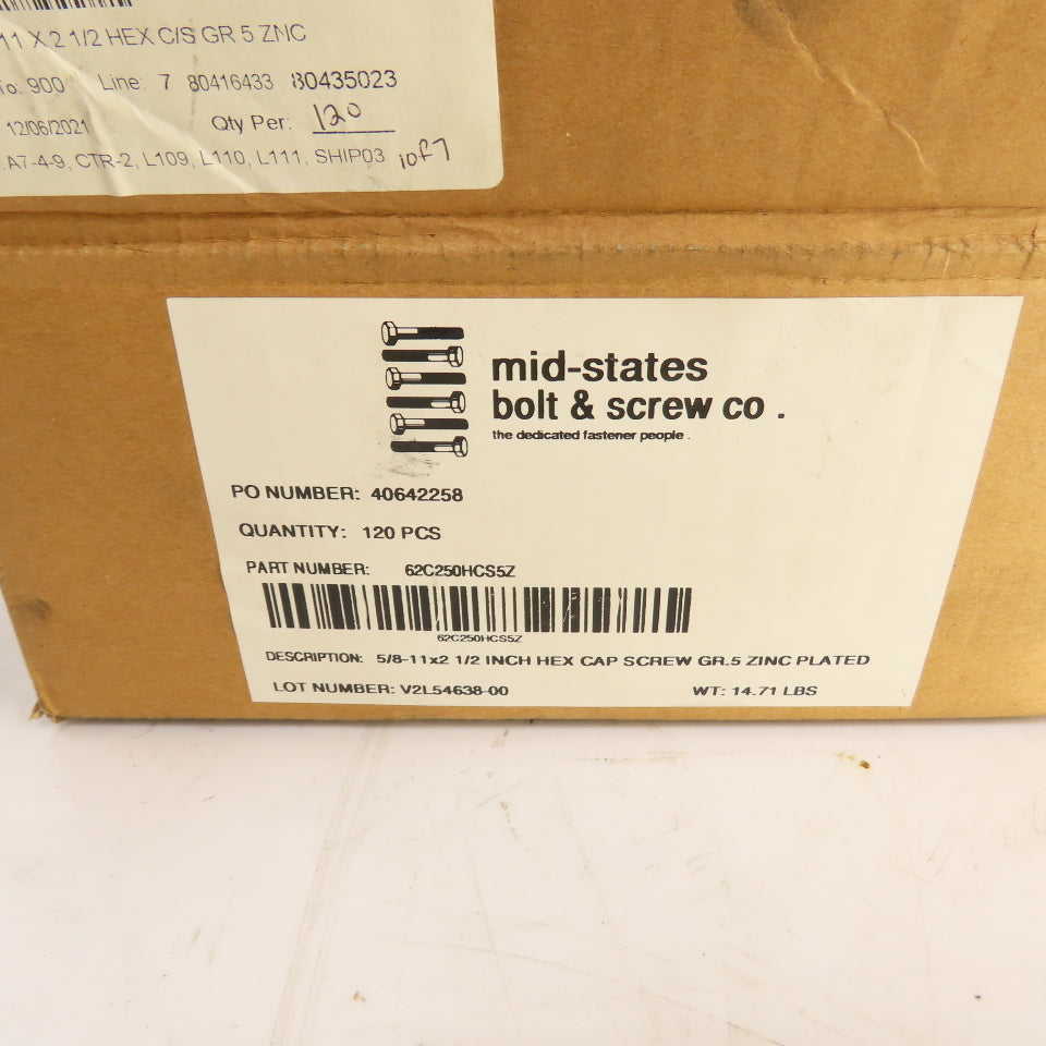 Mid-States 5/8"-11 x 2-1/2" Hex Cap Grade 5 Zinc Plated Bolts Lot Of 75