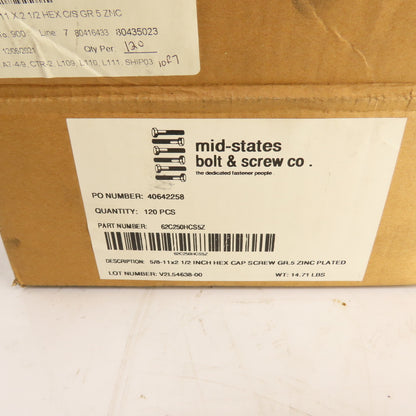Mid-States 5/8"-11 x 2-1/2" Hex Cap Grade 5 Zinc Plated Bolts Lot Of 75