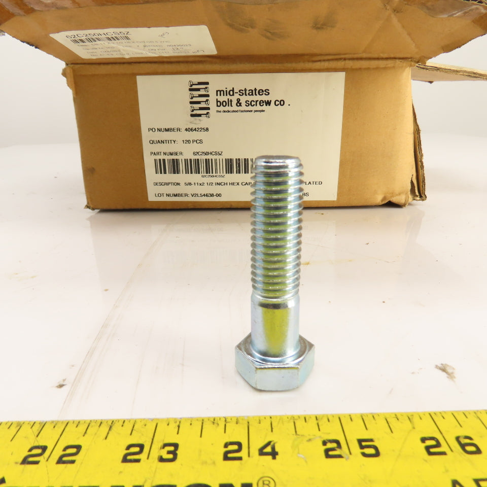 Mid-States 5/8"-11 x 2-1/2" Hex Cap Grade 5 Zinc Plated Bolts Lot Of 75