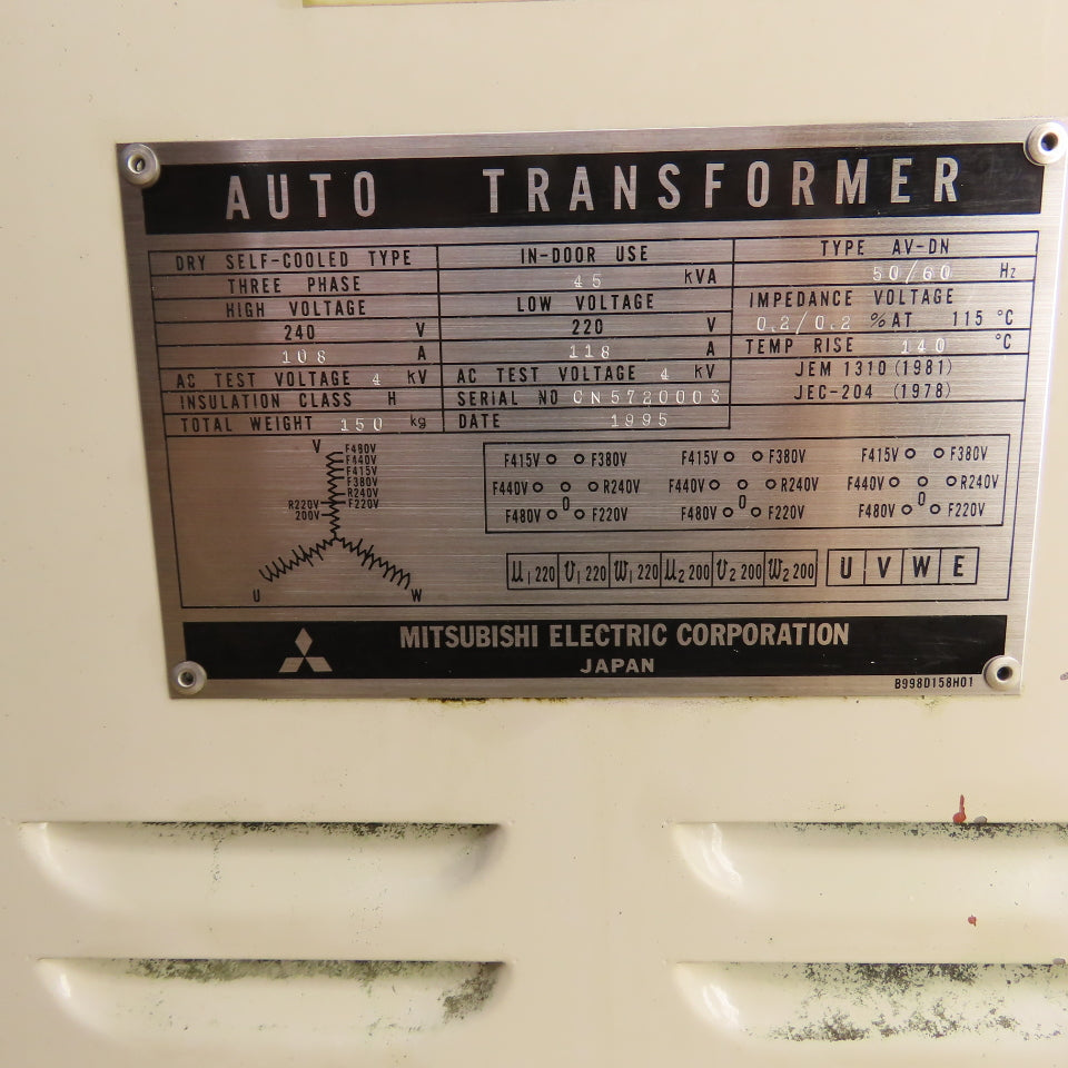 Mitsubishi AV-DN 45kVA Auto Transformer Pri 240V 108A Sec 220V 118A 3PH 50/60HZ