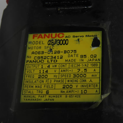 Fanuc A06B-0128-B075 1.4KW AC Servo Motor 114V 3Ph 7.5A 3000RPM