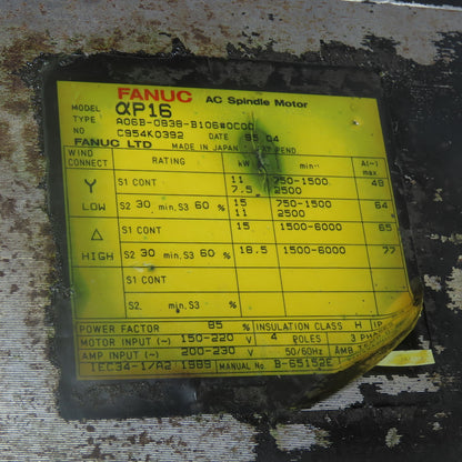 Fanuc A06B-0838-B106#0C00 7.5-18.5KW AC Spindle Motor 150-220V 3Ph 4-Pole
