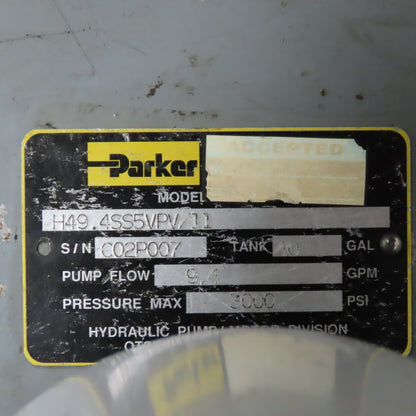 Parker H49.4SS5VPV/11 20HP 40 USG Hydraulic Power Unit 230/460V 9.4GPM 3000PSI
