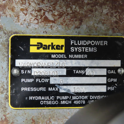 Parker V49M0PANR1/10 20HP 40 USG Hydraulic Power Unit 230/460V 9GPM 1290PSI