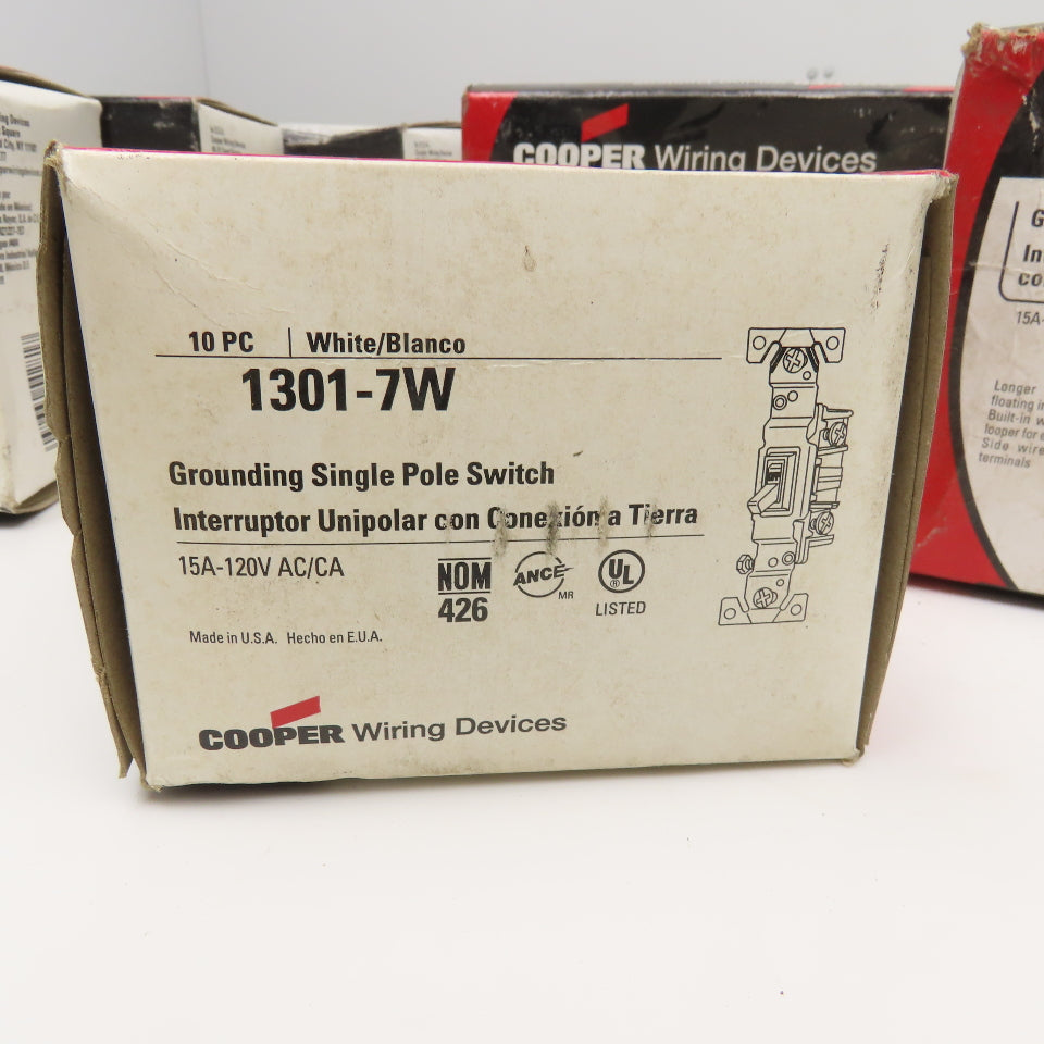 Cooper 1301-7W White Grounding Single Pole Switch 15A 125V Bulk Lot Of 110